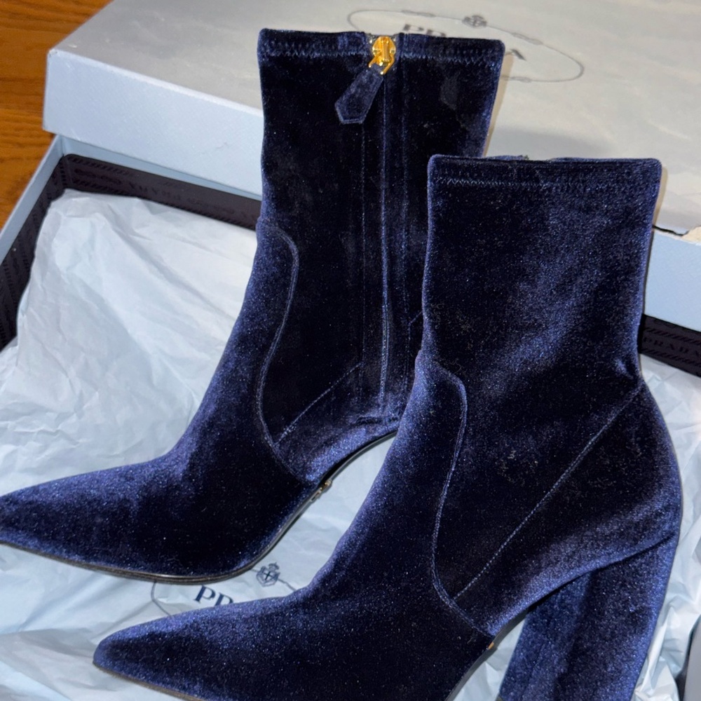 Prada Midnight Blue Velvet Heeled Boots